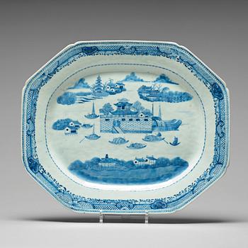 931. A blue and white serving dish with the 'Dutch Folly', Qing dynasty, Qianlong (1736-95).