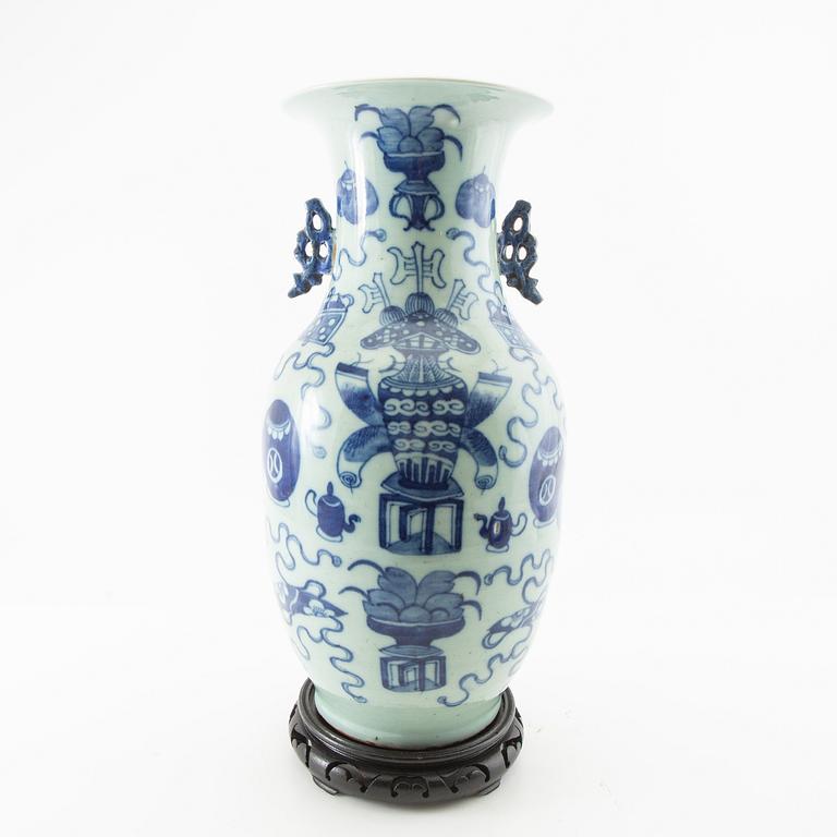 A celadon ground blue and white vase, 20th century.