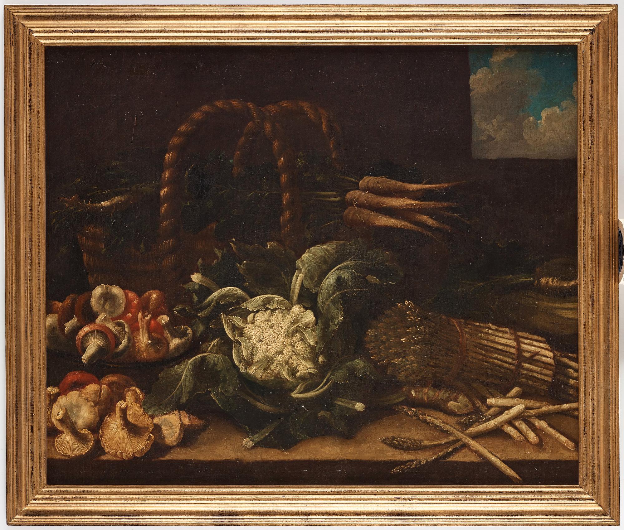 Simone del Tintore Follower of, Still life with asparagus, mushrooms, cauliflower and turnips.