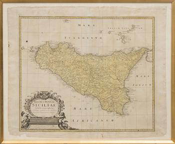 KARTA, kolorerad, "Regni & Insulae Siciliae" Nürmberg 1747.