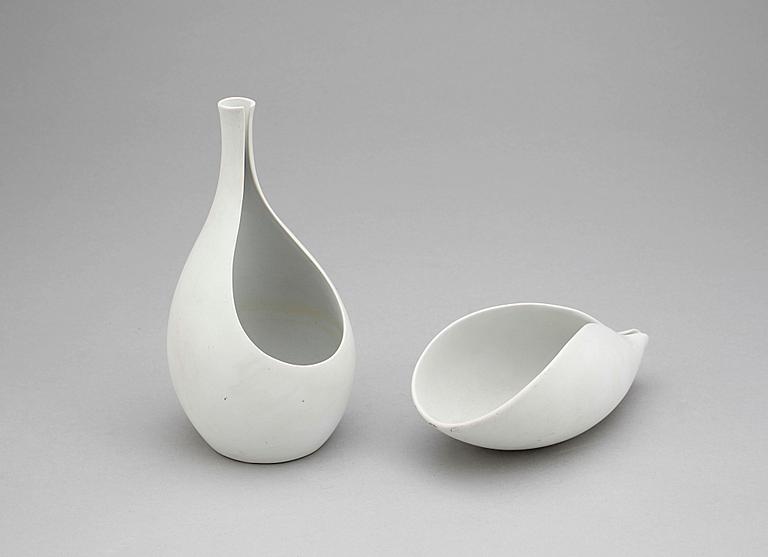 VAS samt SKÅL, 2 st, stengods, "Veckla" och "Pungo", Stig Lindberg, Gustavsberg, 1900-talets mitt.