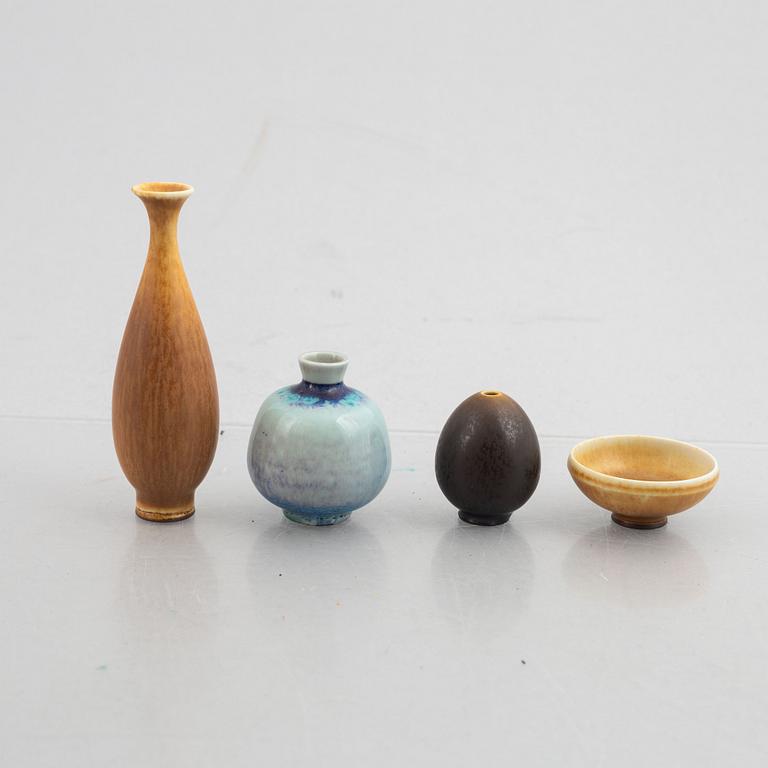 Berndt Friberg, a set of four stoneware miniatyres, Gustavsberg Studio (three vases, one bowl).
