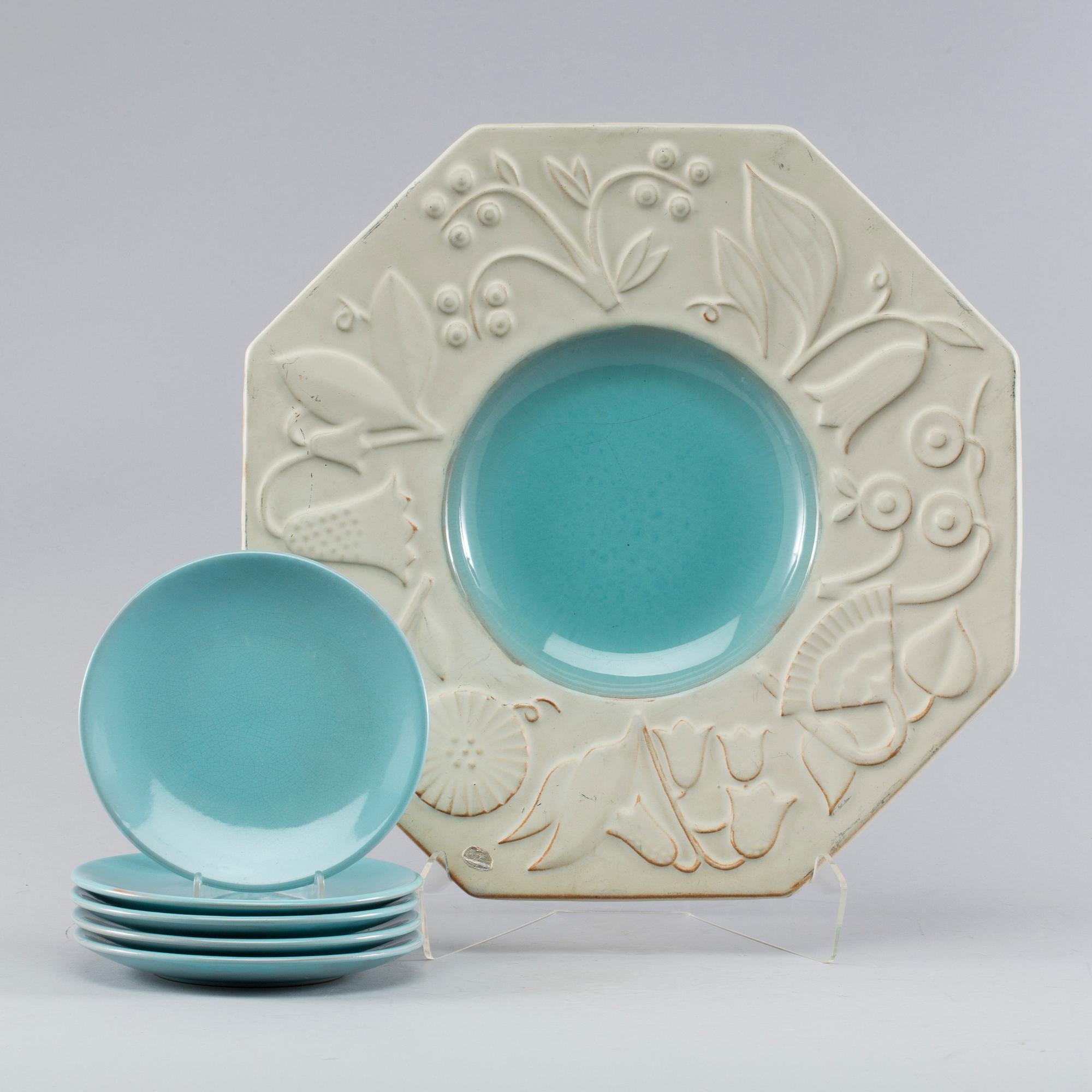 FRUKTFAT samt ASSIETTER 5 st, Uppsala Ekeby, 1940-50-tal.