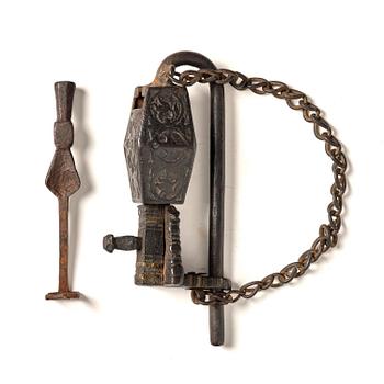1004. A cast Iron 'Temple lock', Nepal, 19th century.