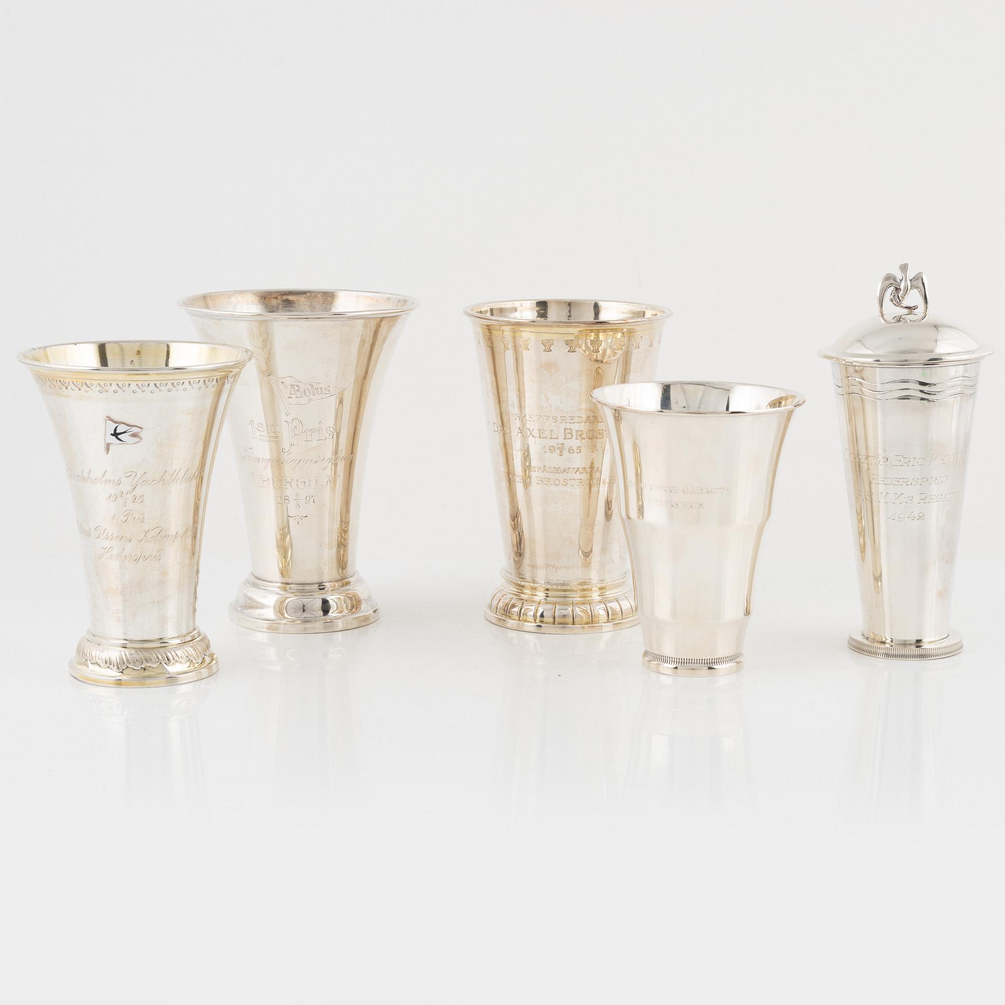 Bägare, 5 st, silver, Sverige 1897-1955.