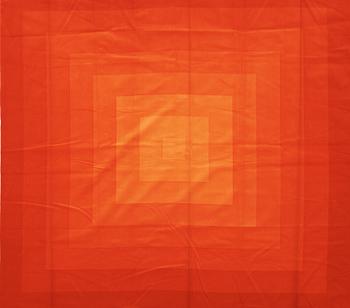 130. Verner Panton, CURTAINS, 2 PIECES, AND SAMPLERS, 11 PIECES.  Cotton velor. A variety of orange nuances and patterns. Verner Panton.