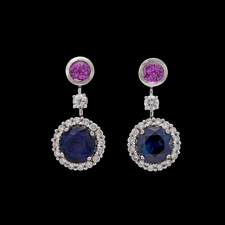 A pair of pink and blue sapphire, tot. 3.54 cts, and brilliant cut diamond earrings, tot. 0.57 cts.