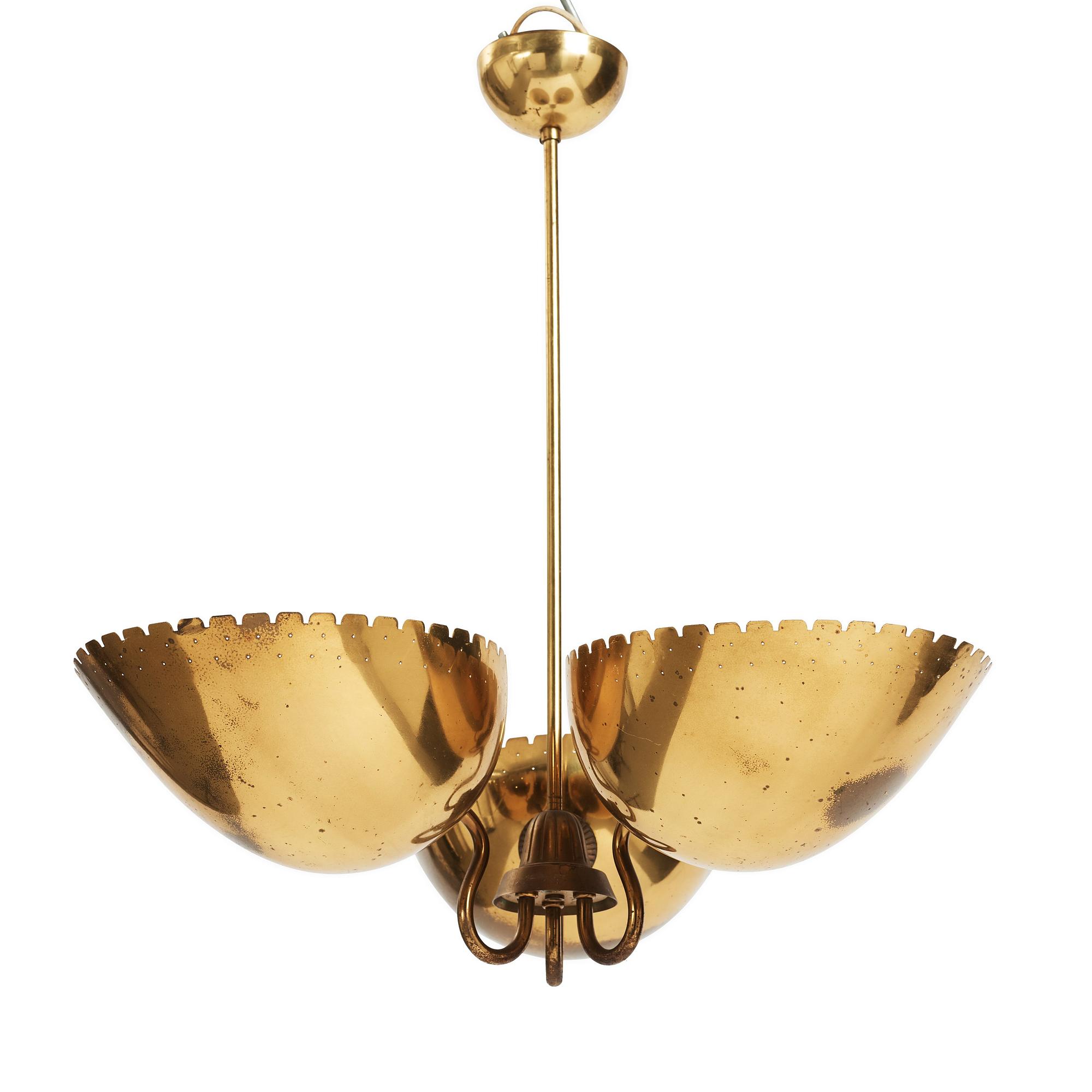 Carl-Axel Acking, probably, a Swedish Modern three light brass ceiling light, Arvid Böhlmarks Lampfabrik, 1940's.
