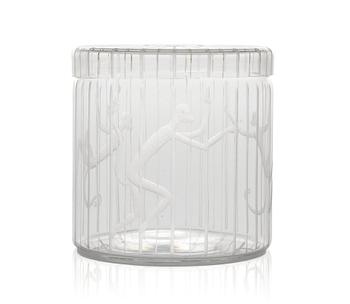 An Edward Hald engraved glass jar and cover "Apburen", Orrefors 1943.