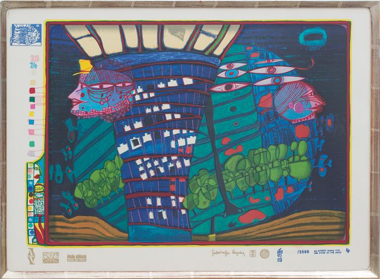 FRIEDENSREICH HUNDERTWASSER, färgserigrafi med metallprägling, numrerad 2733/3000.