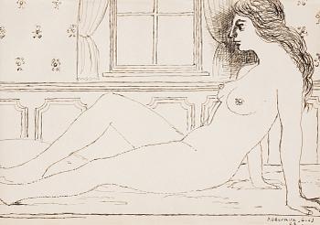 237. Paul Delvaux, "Jeune femme nue assise, jambes allongées".