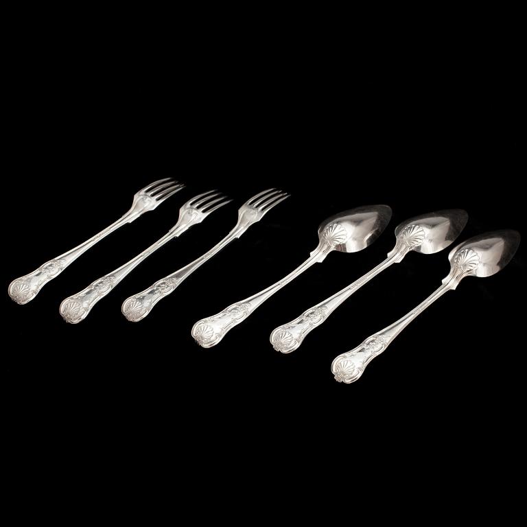 BESTICKDELAR 6 st, silver Johan Fredrik Carlsson Norrköping 1851 modell Engelsk snäck. Totalvikt ca 429 gr.