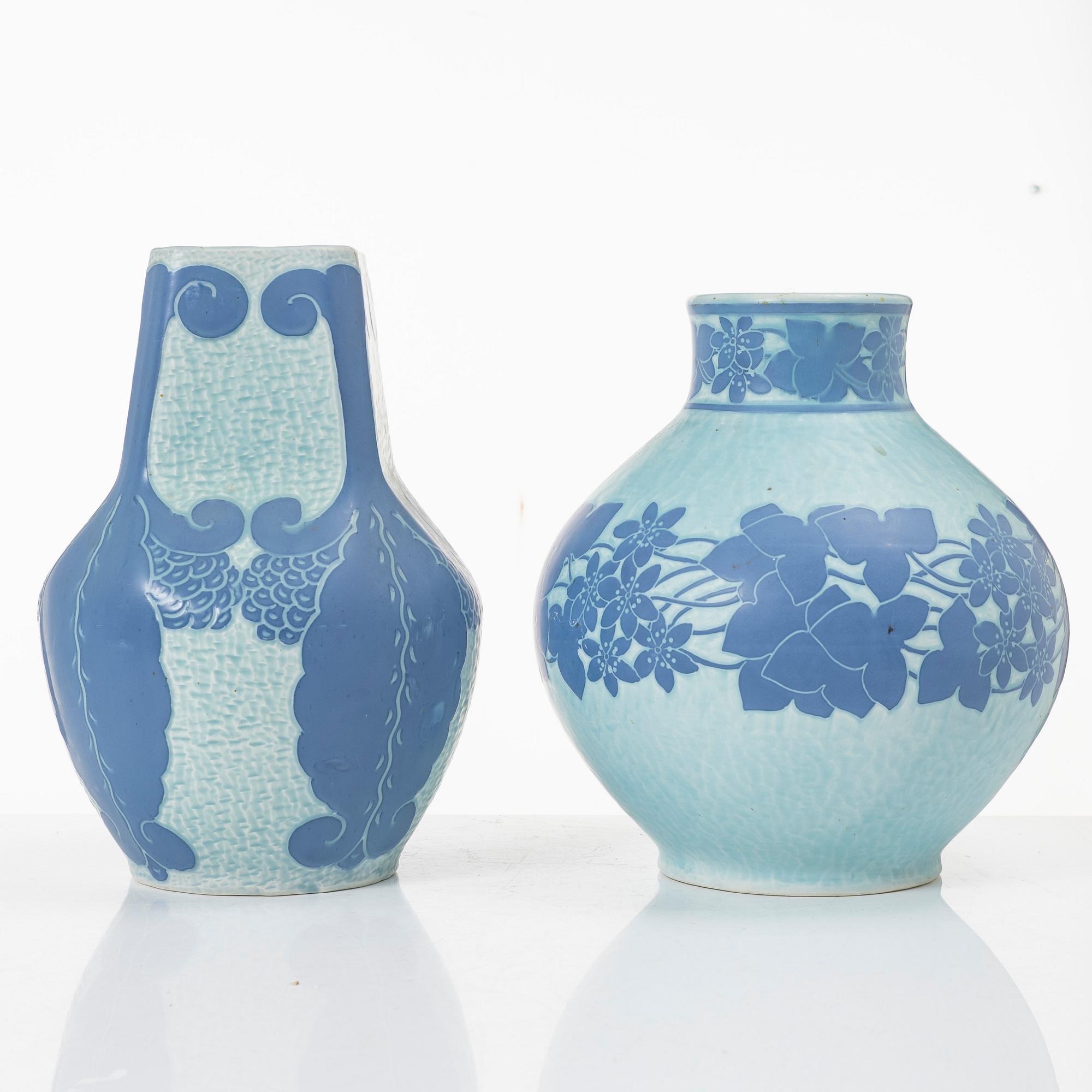 Josef Ekberg, vases, 2 pcs, flint porcelain, "Sgraffito", Gustavsberg 1914 and 1920.