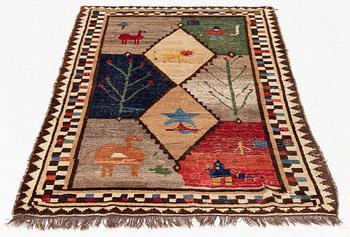 An antique/semi-antique pictorial Gabbeh - Khersak rug,  c 187 x 107 cm.