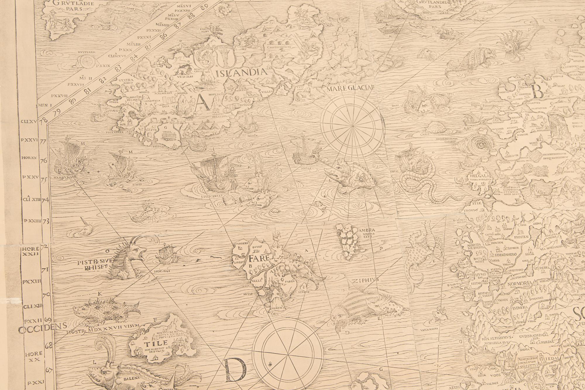 A reproduction of the 1539 Carta Marina by Olaus Magnus, printed in 1949 by Malmö Ljustryckanstalt, Sweden.