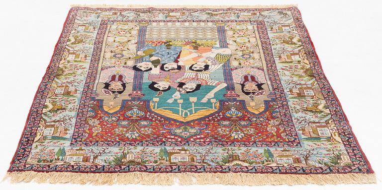 A rug, semi-antique, Tabriz, figural, ca 183 x 137 cm.