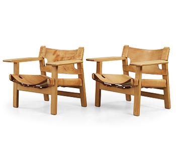 A pair of Børge Mogensen oak and leather 'Spanish Chair', Fredericia Møbelfabrik, Denmark.