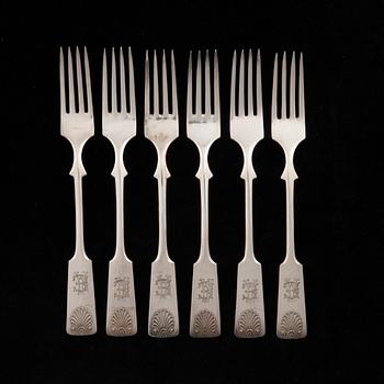 BESTICK, 6+6, silver, "Musslan", Helsingfors 1938. Knivbladen stål. Sammanlagd vikt ca 716 g.