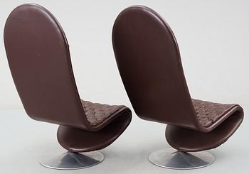 A pair of Verner Panton 'System 1-2-3 De Lux' brown leather easy chairs, Fritz Hansen, Denmark.