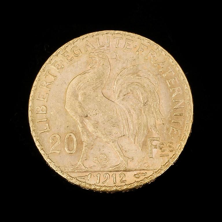 MYNT, 10 st, guld, 20 Frances, Frankrike 1907-1914. Totalvikt ca 64 gram.