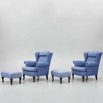 Fåtöljer ett par, med fotpallar, Bröderna Andersson.