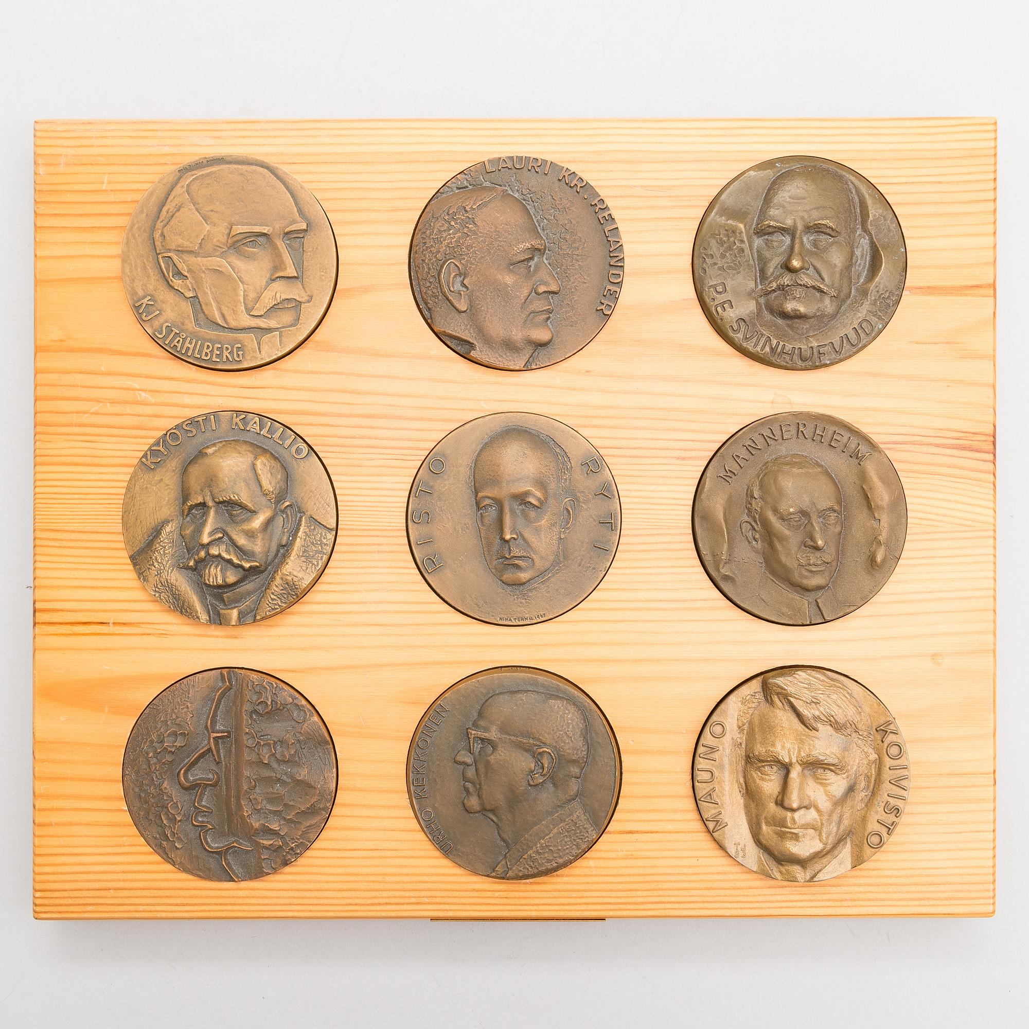 MEDALS, 9 pcs, bronze, signed and dated, Kultateollisuus.