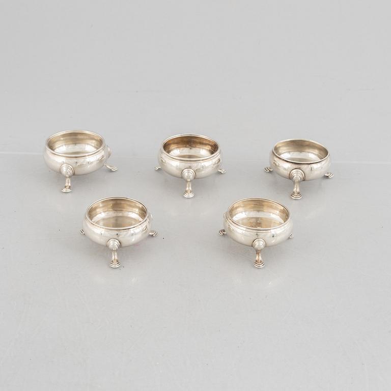 Five English silver salt cellars, circa mid 18th Century.