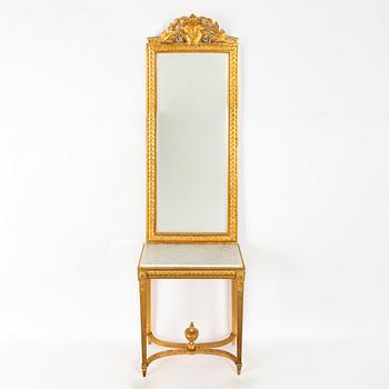 Spegel med trymåbord, gustaviansk stil, omkring 1900.
