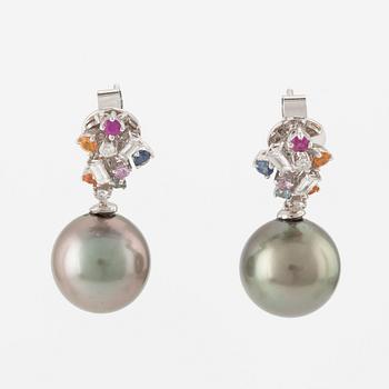 Earrings, a pair with cultured South Sea pearls, multi-coloured sapphires, and baguette and brilliant-cut diamonds.