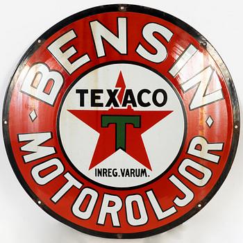 Reklamskylt, "Texaco Bensin Motoroljor", omkring 1900-talets mitt.