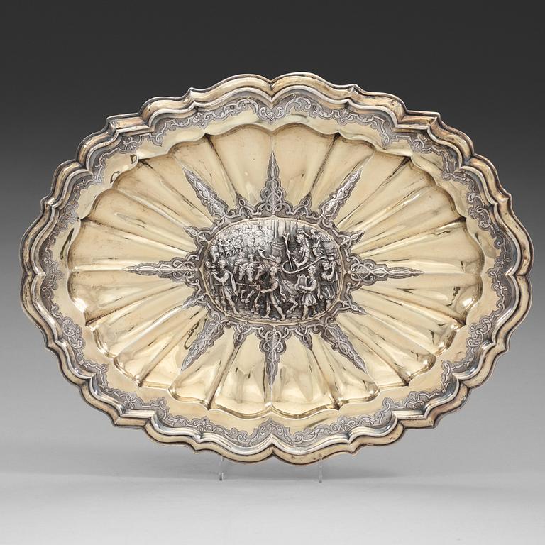 A German 18th century parcel-gilt dish, mark of Johann Gemeinhart, Nürnberg (1727-1739).