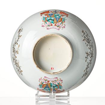 A famille rose and grisaille armorial punch bowl, Qing dynasty, 18th century.