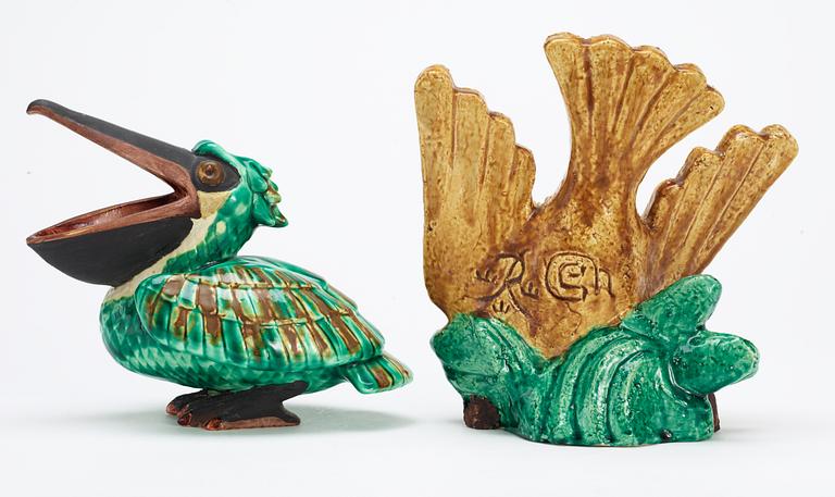 Two Gunnar Nylund stoneware figures, a parrot and a pelican, Rörstrand.