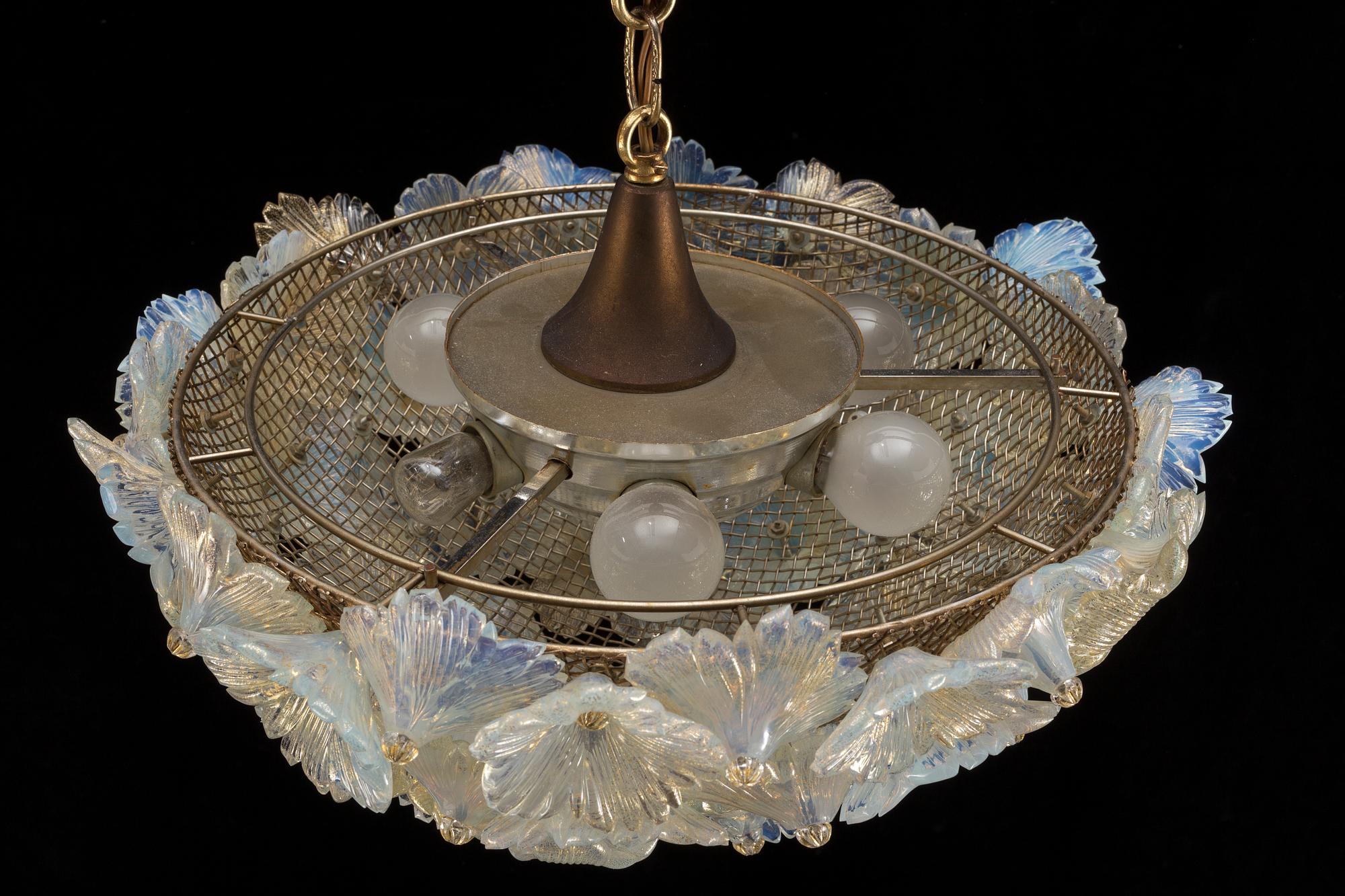 A 20th century glass and brass ceiling light, probably Murano, Italy.