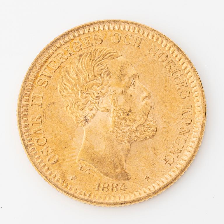Gold coin, Oscar II, 20 kronor, type III, Sweden 1884.