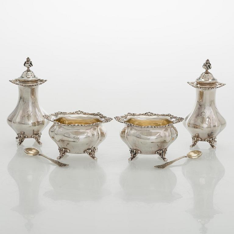 Black Starr & Frost, a pair of sterling silver shakers and sugar bowls, USA around 1900, Gorham pair of sterling spoons.