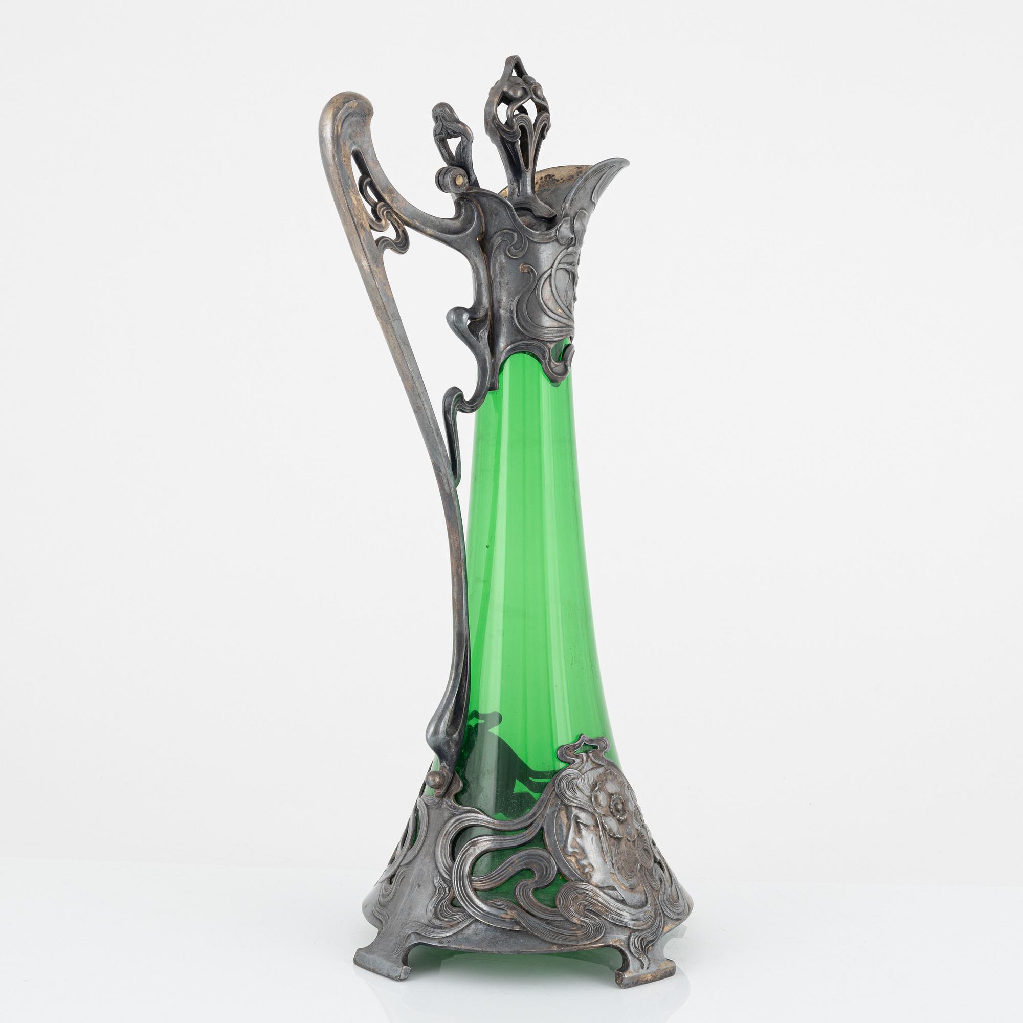 Karaff, jugend, nysilver och glas, Württembergische Metallwarenfabrik, WMF, 1900-talets början.