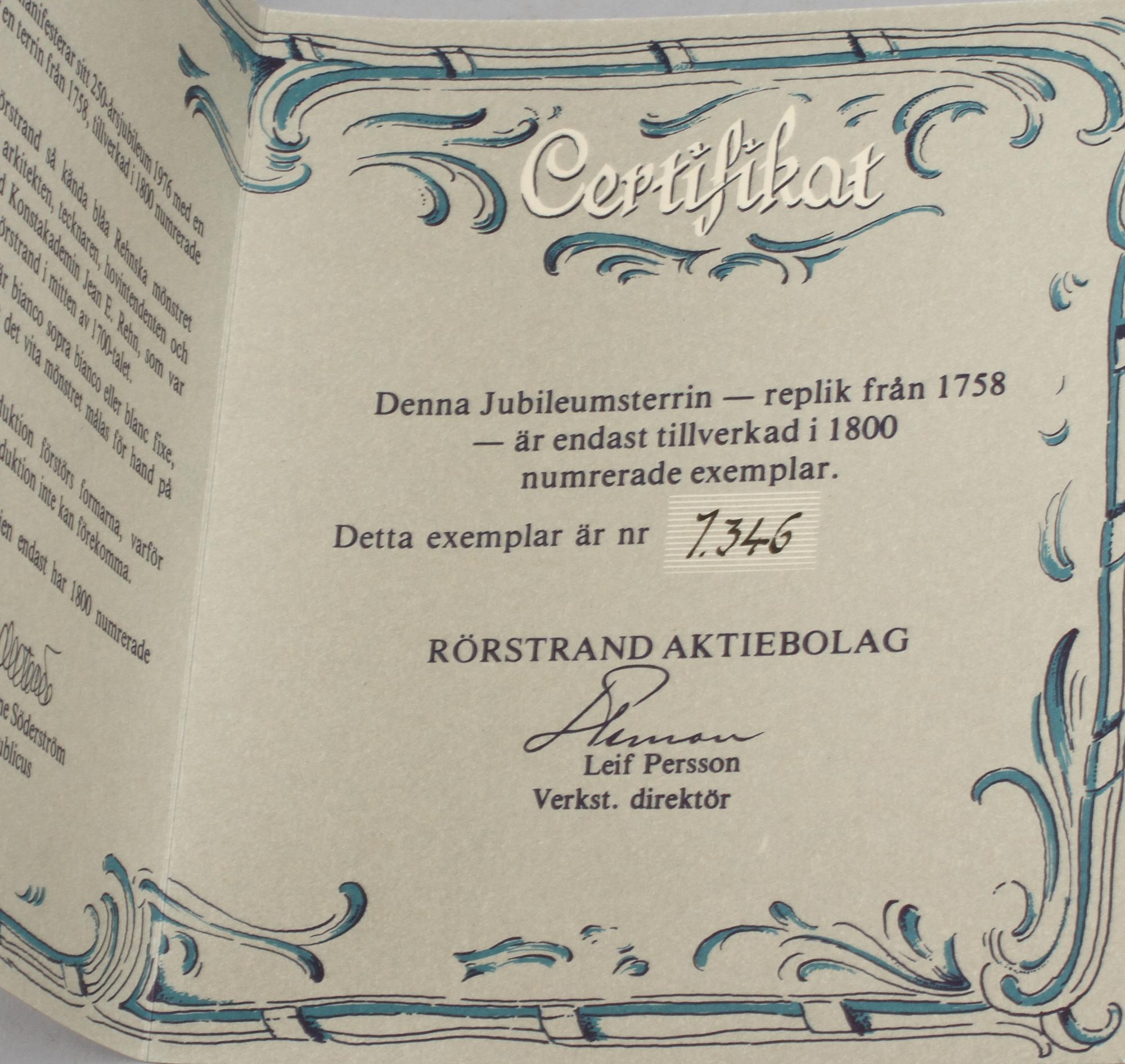 TERRIN, porslin, rokokostil, Rörstrand, 1976, numrerad 1346/2000.
