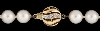PÄRLCOLLIER, odlade saltvattenspärlor med lås i 18k guld, 1900-talets andra hälft.