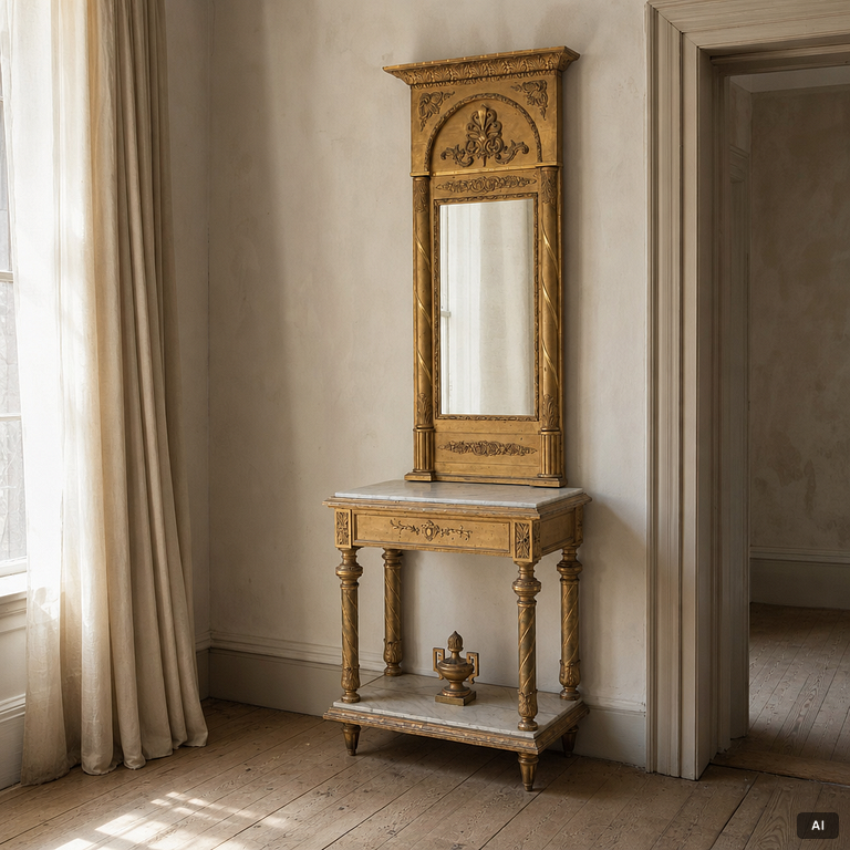 Spegel med konsolbord, senempire ca 1830-40-tal.