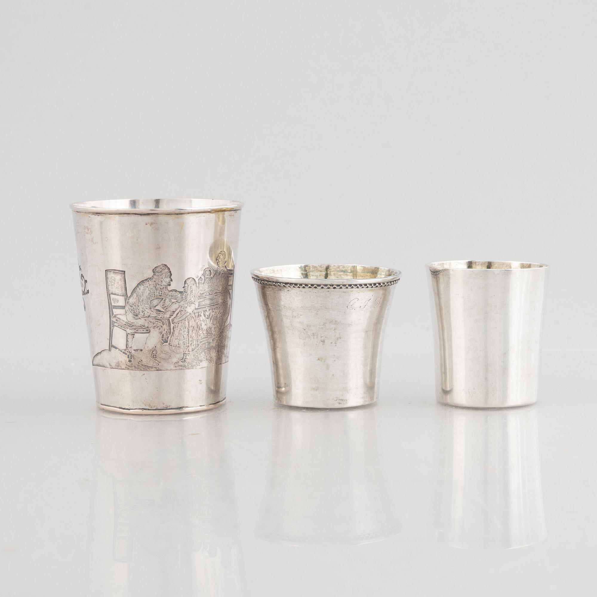 Bägare/supkoppar, 3 st, silver, bl a Johan Abraham Hallard, Stockholm 1807.