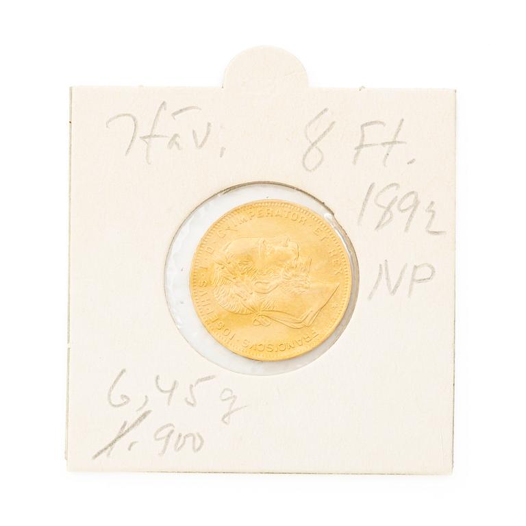 Guldmynt, Österrike, 8 Floriner 20 Franc, 1892.