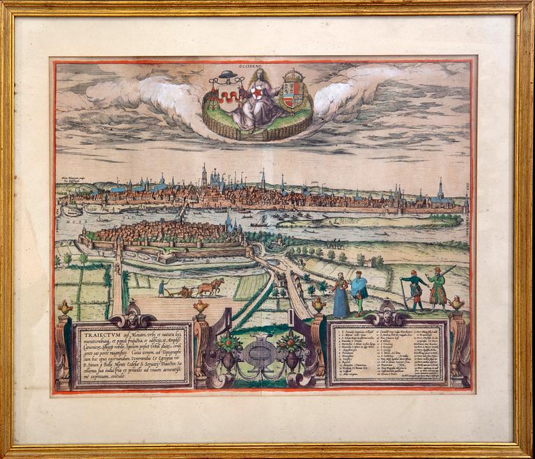 Georg Braun & Franz Hogenberg, Zamosc Maastricht, hand colored engravings, Cologne c 1575.