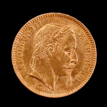 GULDMYNT, 900, Napoleon III, 20 fr, 1863. Vikt ca 6 g.