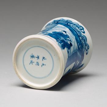 A blue and white Transitional brush pot, 17th Century with Chenghua mark.