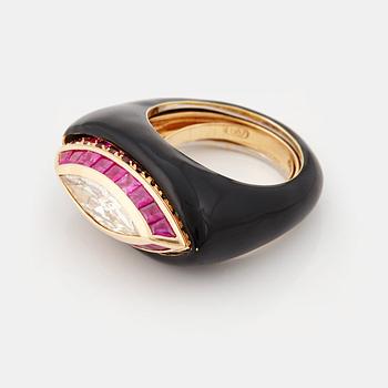 A ruby, diamond and black enamel ring.