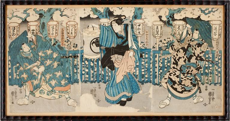 ICHIYASAI KUNIYOSHI, träsnitt, triptyk, 1800-tal.