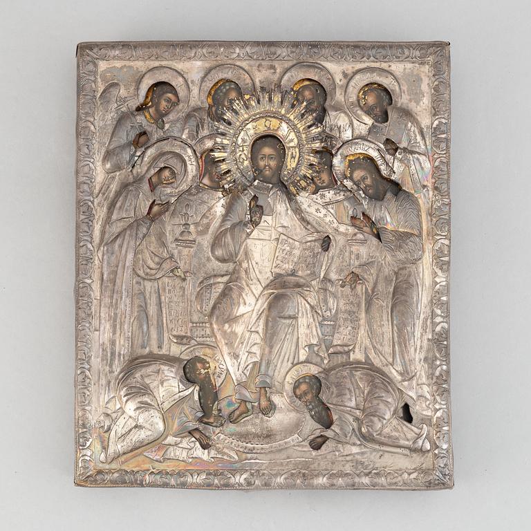 A Russian icon, tempera on panel with parcel-gilt and silver oklad, assaye mark Alexander Jashinov, St Petersburg, 1807.