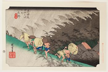 ANDO HIROSHIGE, senare avdrag, mapp, "The fifty-three stations on the tokaido", utgiven av Kata Hanga Kenkyujo.