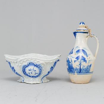 A faience tureen, unmarked, presumably Mariberg, 18th Century and a ewer with cover, 18th Century, unmarked.